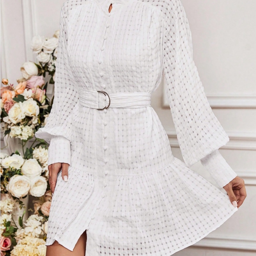 SHEIN Women’s White Lantern Sleeve Belted Dress. Size Medium